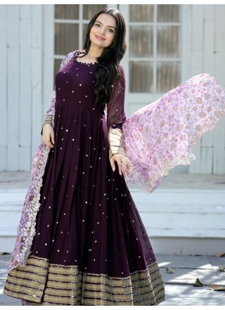 Embroidered Georgette Wine Trendy Gown