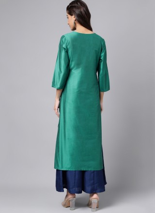 Embroidered Green Poly Silk Designer Kurti