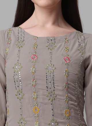 Embroidered Grey Faux Georgette Trendy Salwar Kameez
