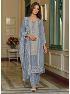 Embroidered Grey Silk Salwar Suit