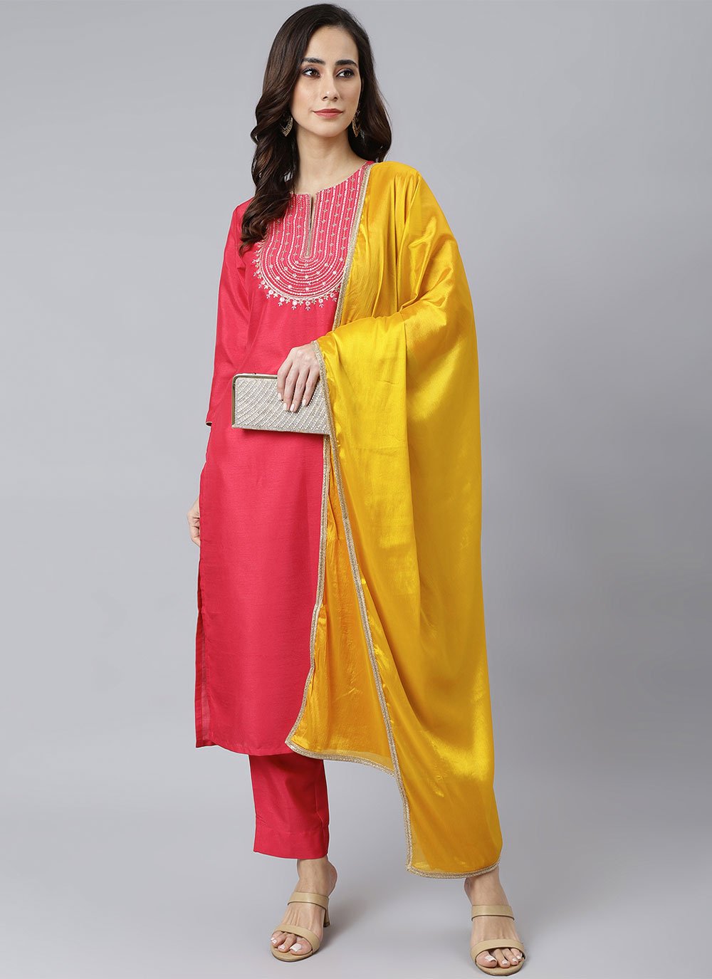 Embroidered Hot Pink Poly Silk Pant Style Suit