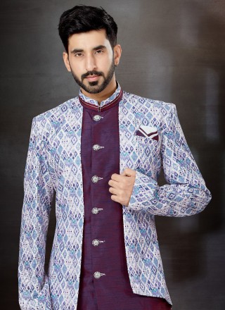 Embroidered Jacquard Indo Western Sherwani in Multi Colour and Wine