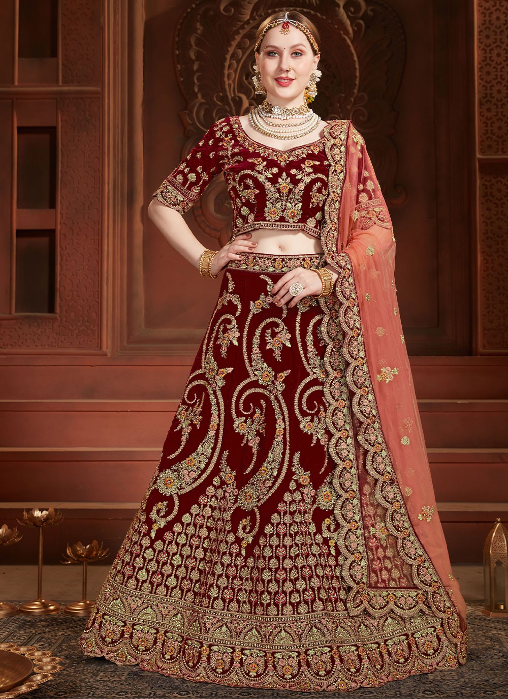 Buy Women's Bridal Wedding Satin Dulhan Maroon Lehenga Choli With  Embroidered Work Net Dupatta at Amazon.in