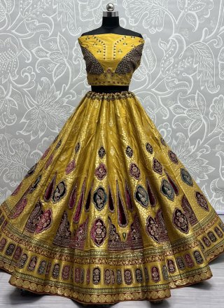 Embroidered, Meenakari and Patch Border Work Banarasi Silk Lehenga Choli In Yellow