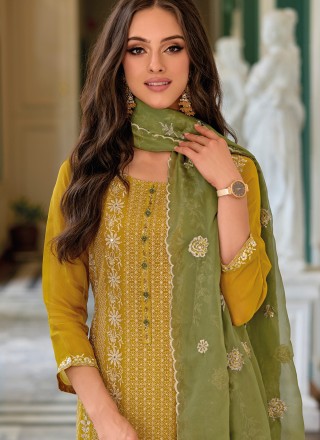 Embroidered Mustard Organza Readymade Salwar Kameez