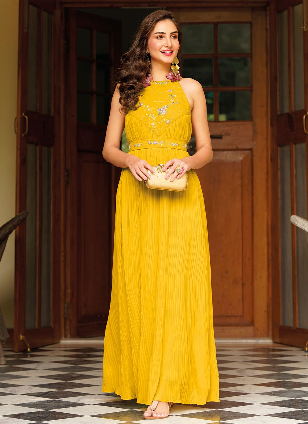 Embroidered Mustard Readymade Gown