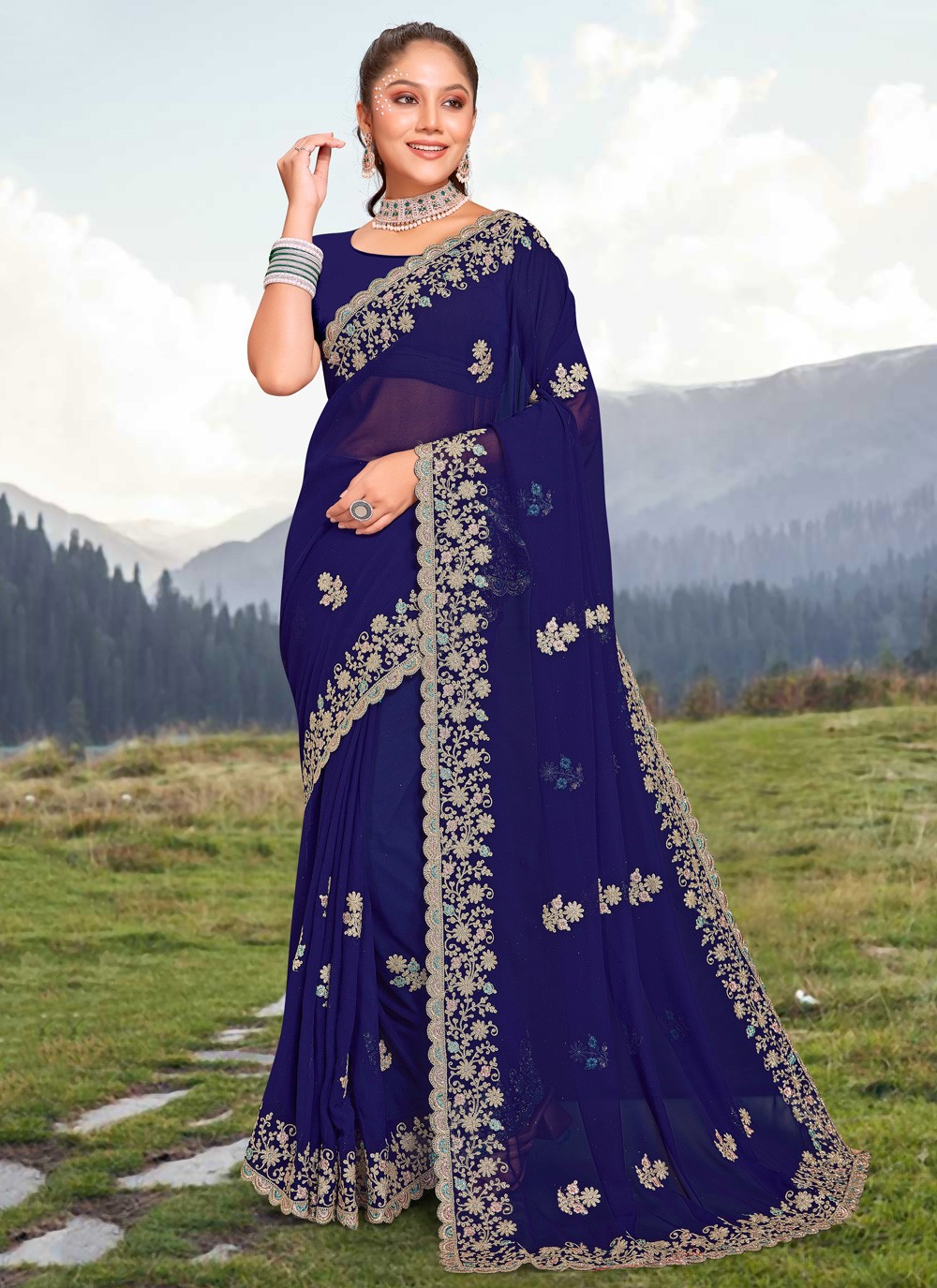 Wedding Collection Online Embroidered Georgette Royal Blue Saree