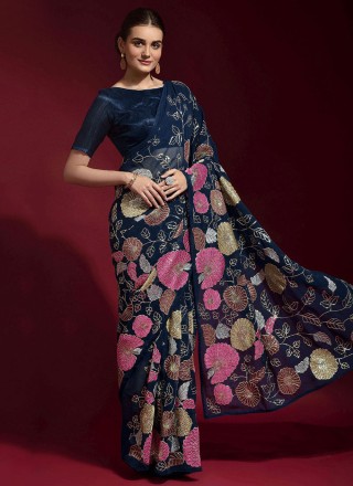 Embroidered Navy Blue Faux Georgette Classic Saree