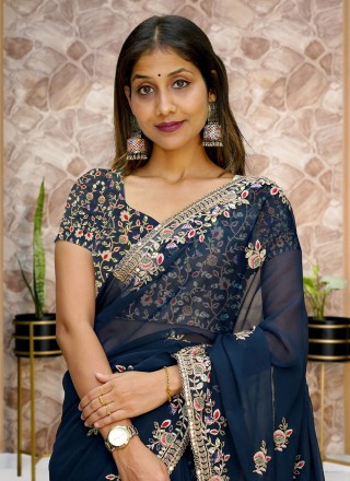Embroidered Navy Blue Georgette Classic Saree