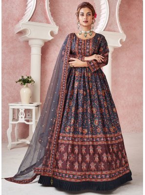 Embroidered Navy Blue Silk Trendy Gown