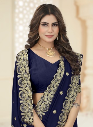 Embroidered Navy Blue Trendy Saree