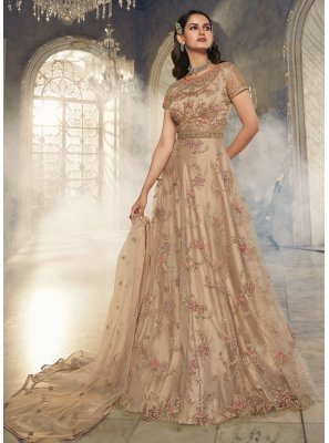 Embroidered Net Anarkali Salwar Kameez in Beige