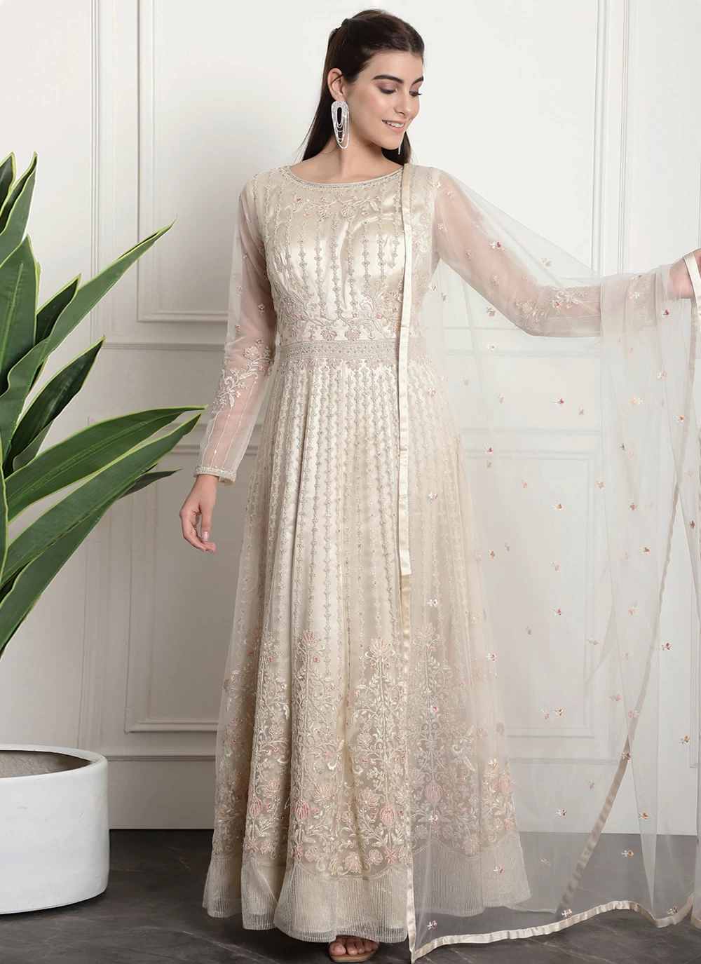 Embroidered Net Anarkali Salwar Suit in Off White