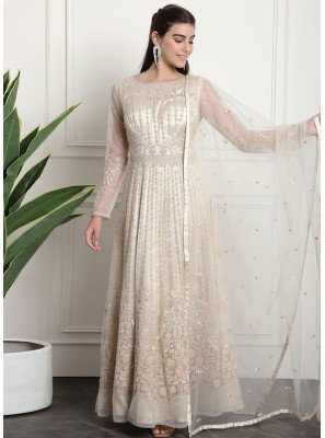 Embroidered Net Anarkali Salwar Suit in Off White