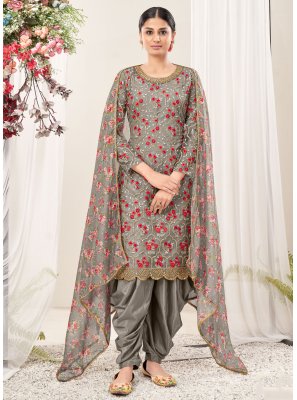 Embroidered Net Grey Patiala Salwar Kameez