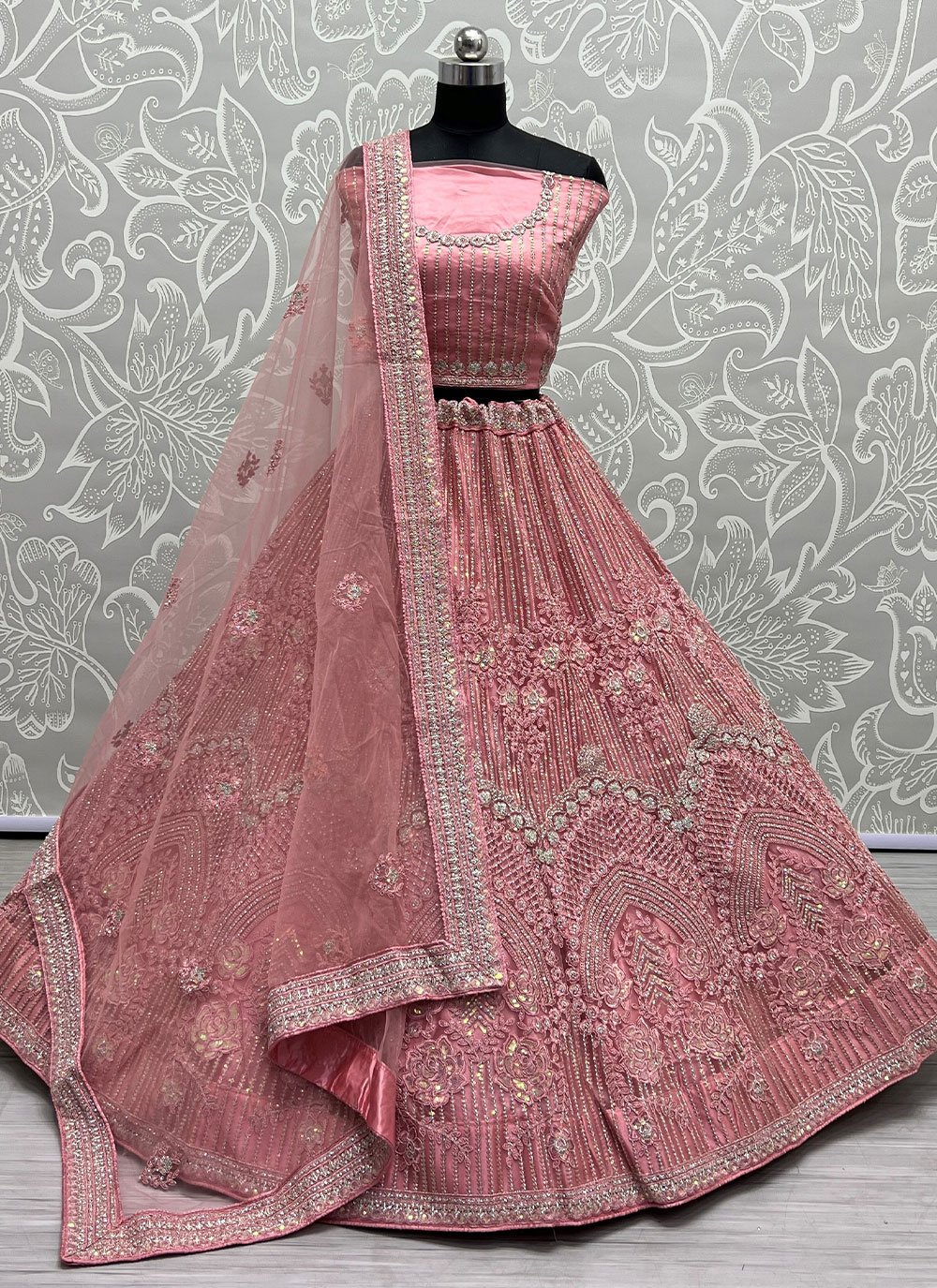 Embroidered Net Pink Lehenga Choli