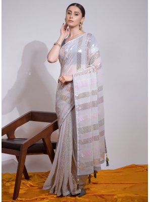 Embroidered Off White Trendy Saree