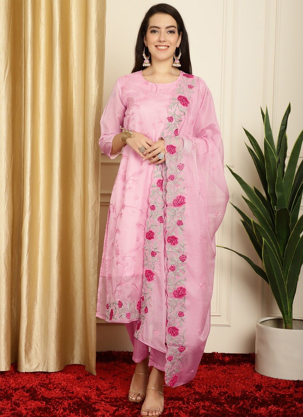 Buy Embroidered Organza Pink Salwar Suit Online Straight Salwar Suits