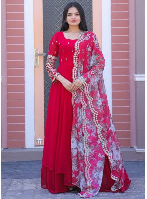 Embroidered Organza Readymade Gown in Hot Pink