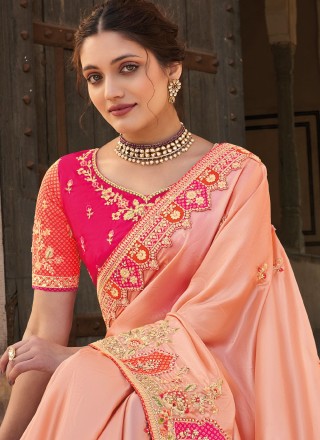 Embroidered Peach Contemporary Style Saree