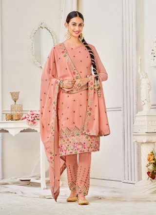 Embroidered Peach Pant Style Suit 