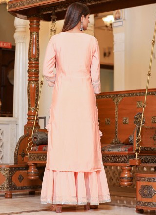 Embroidered Peach Silk Readymade Style