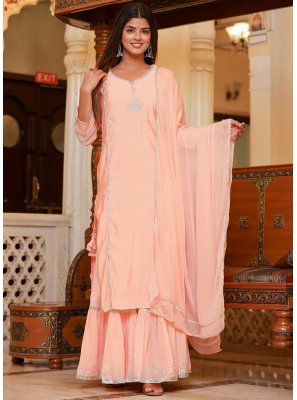 Embroidered Peach Silk Readymade Style