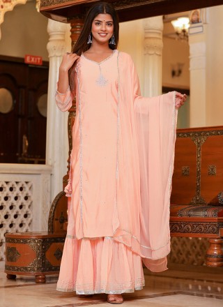 Embroidered Peach Silk Readymade Style