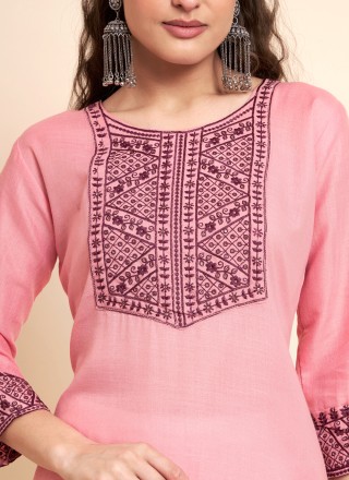 Embroidered Pink Cotton Casual Kurti