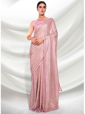 Embroidered Pink Georgette Classic Saree