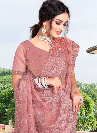 Embroidered Pink Net Contemporary Saree