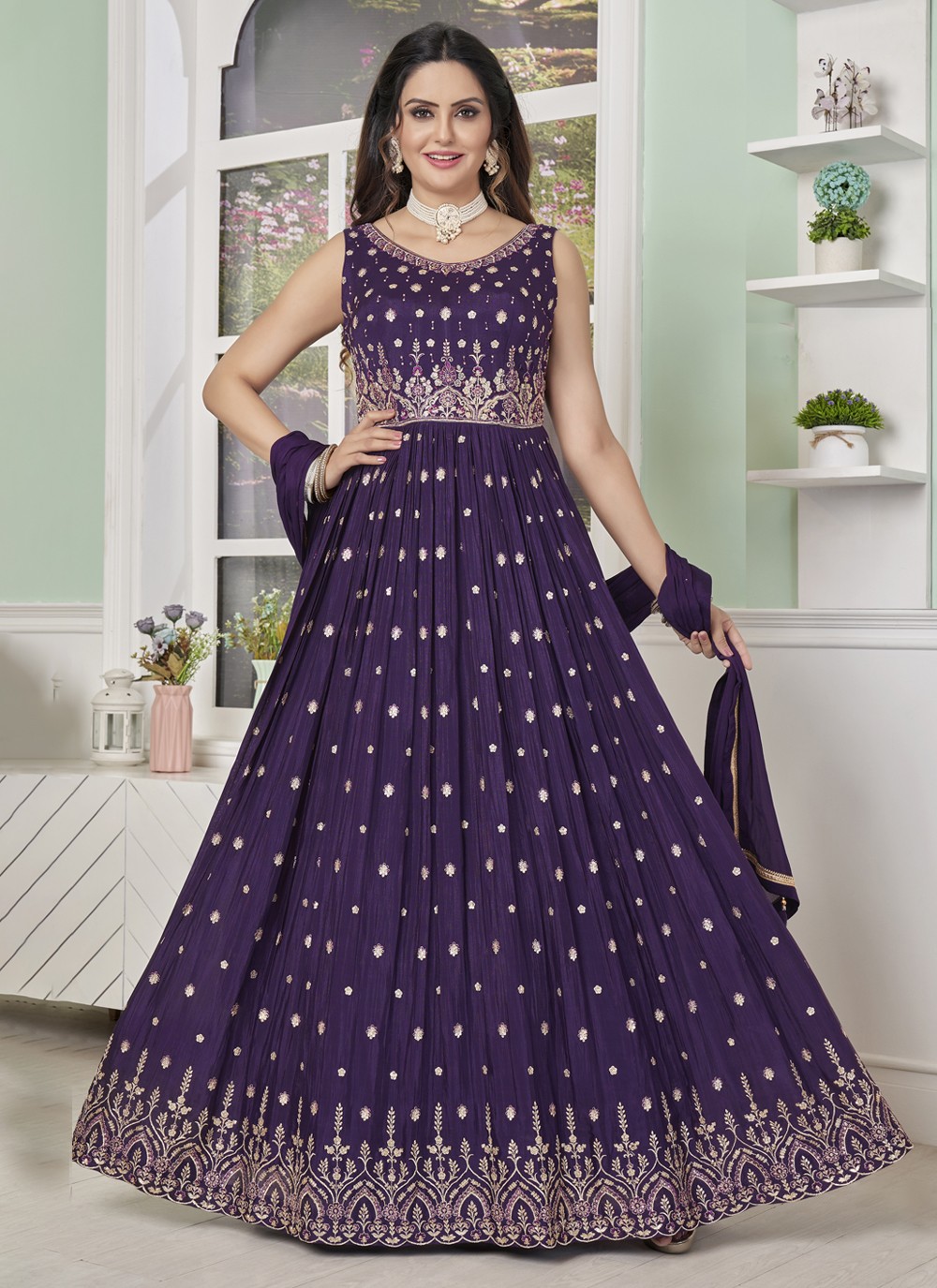Embroidered Purple Chinon Trendy Gown