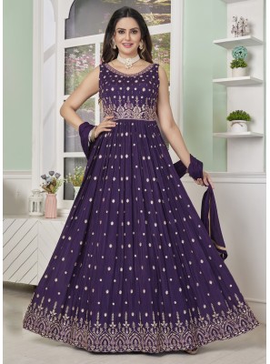 Embroidered Purple Chinon Trendy Gown