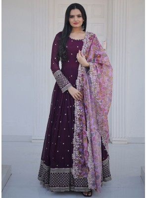 Embroidered Purple Faux Georgette Readymade Gown