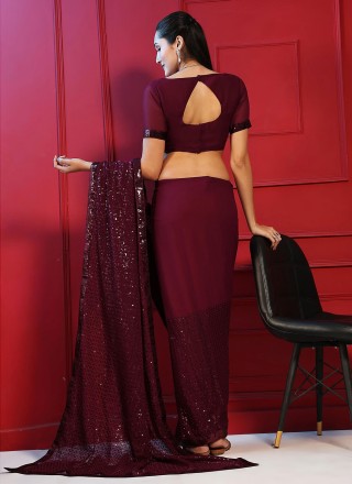 Embroidered Maroon Georgette Classic Saree