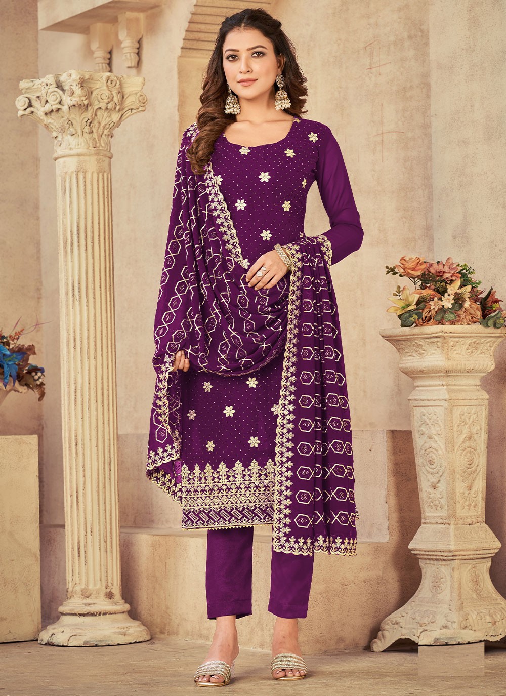 Embroidered Purple Georgette Salwar Suit