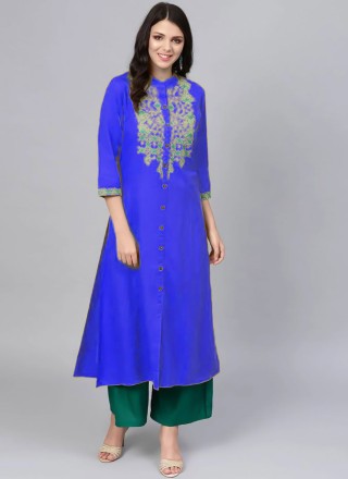 Embroidered Rayon Casual Kurti in Blue