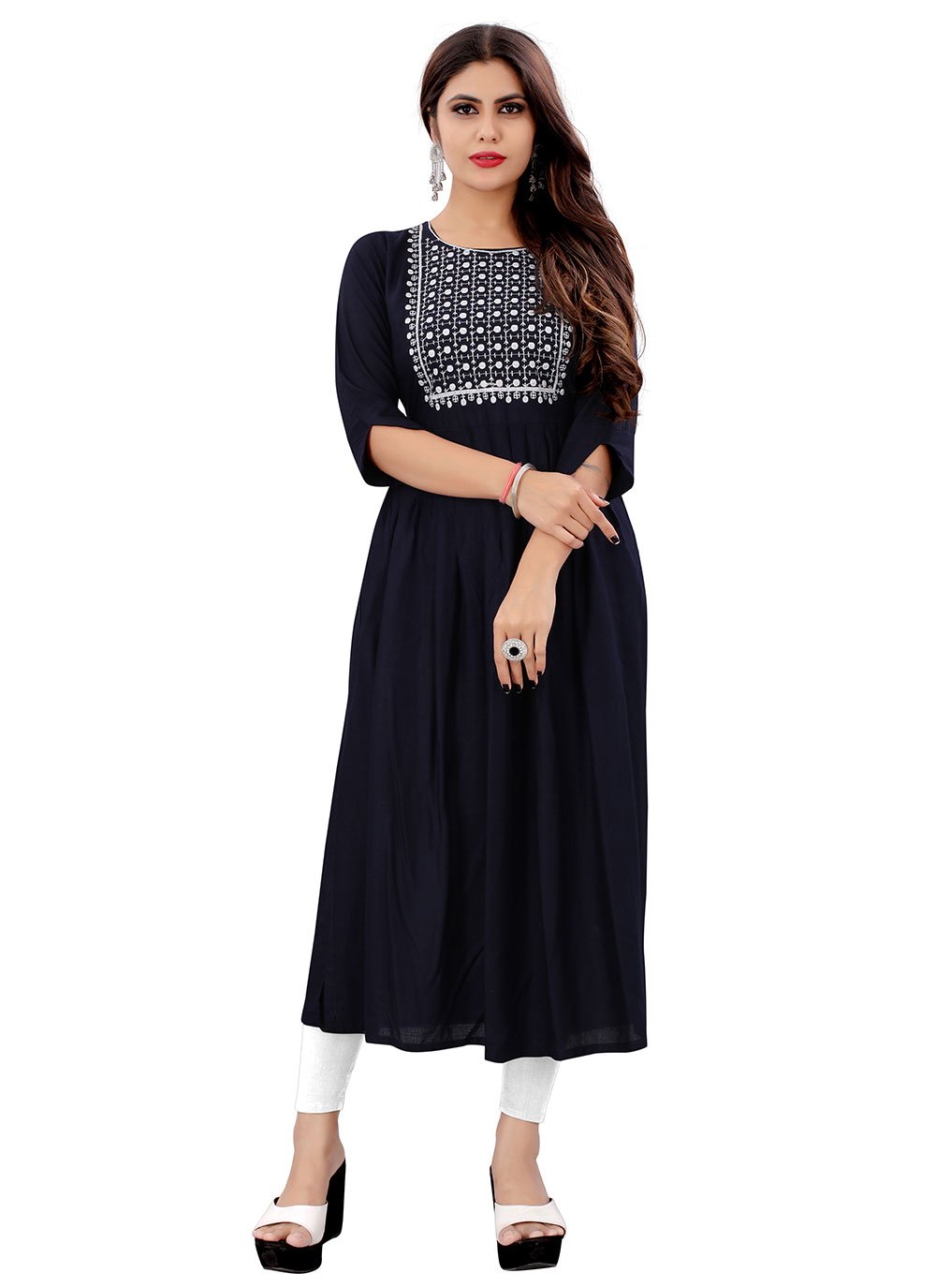 Embroidered Rayon Navy Blue Party Wear Kurti