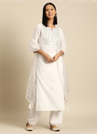 Embroidered Rayon Readymade Anarkali Suit in Off White