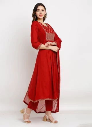 Embroidered Rayon Red Readymade Salwar Suit