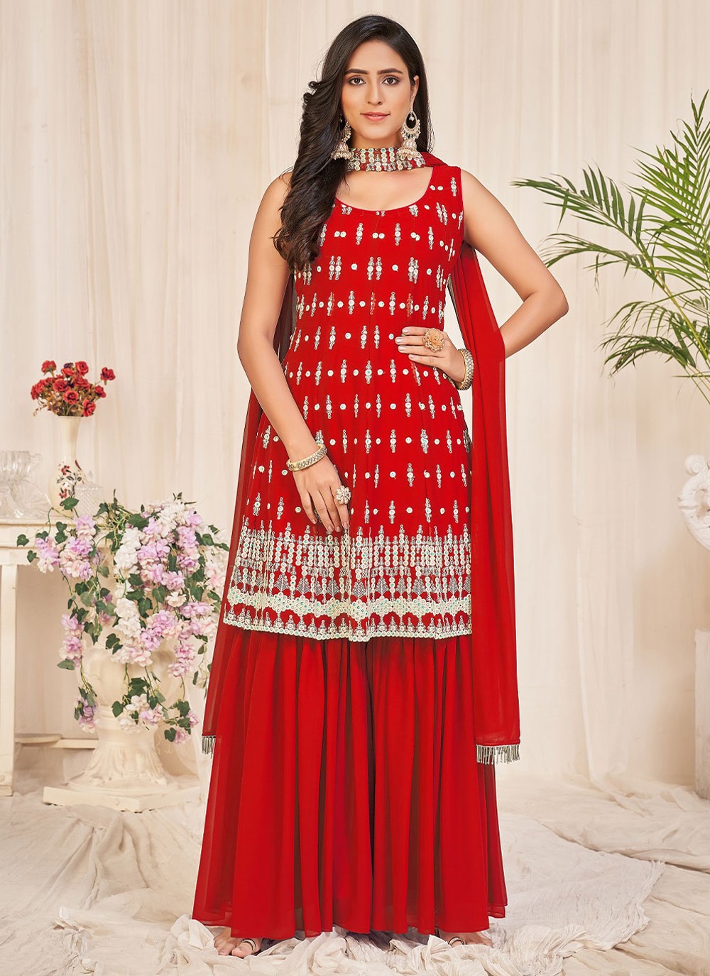 Embroidered Red Georgette Trendy Salwar Kameez