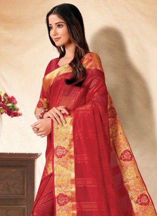 Embroidered Red Trendy Saree