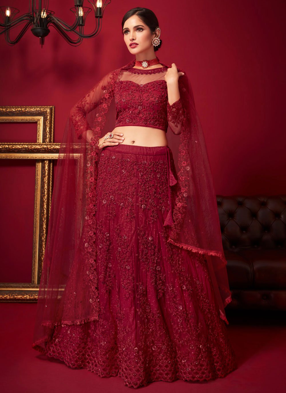 Red Color Net Designer Bridal Wear Plus Size Women Lehenga Choli -1875134096