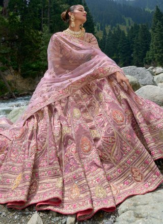 Embroidered, Resham and Zari Work Silk Lehenga Choli In Pink and Purple