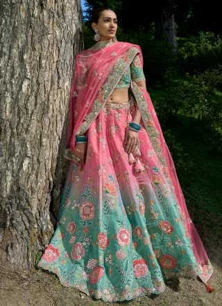 Embroidered, Resham and Zari Work Silk Lehenga Choli In Pink and Sea Green