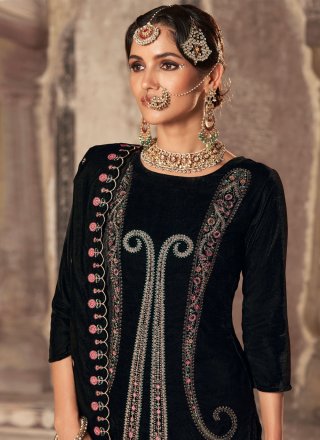 Embroidered, Resham and Zari Work Velvet Trendy Suit In Black