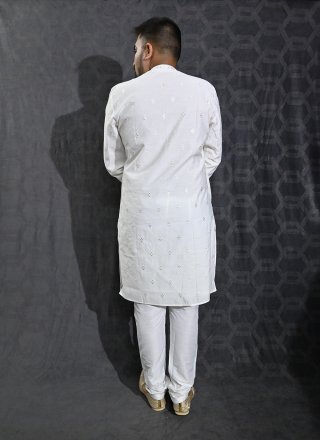 Embroidered, Sequins and Thread Work Cotton Silk Kurta Pyjama In White