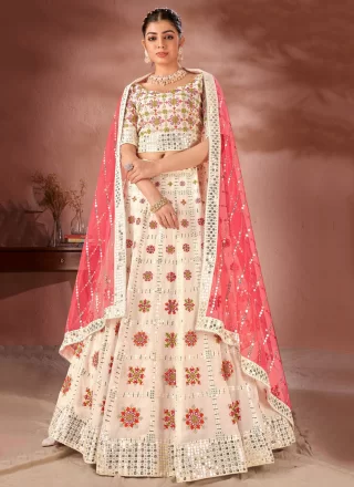 Georgette Fabric Off white and peach color Color embroidered Lehenga and  Choli with Zari, stone & Sequence work with net fabric Dupatta