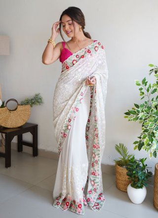 Embroidered, Sequins and Thread Work Georgette Trendy Saree In Off White