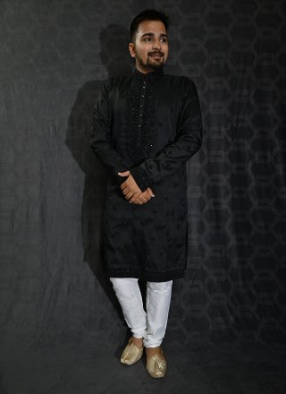 Embroidered, Sequins and Thread Work Silk Kurta Pyjama In Black for Ceremonial